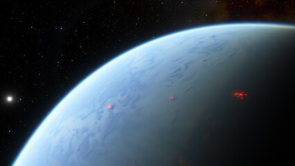 super-earth planet, realistic exoplanet, planet suitable for colonization, earth-like planet in far space, planets background 3d render
