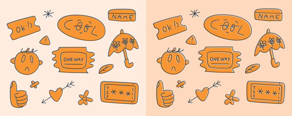 Doodle cool icon sticker set. Hand-drawn badge pack, isolated vector patches, pins, stamps with funny cute characters.