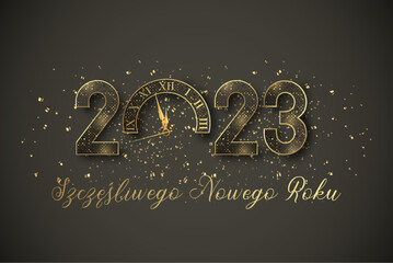 kartka lub baner z życzeniami szczęśliwego nowego roku 2023 w złocie 0 składa się z zegara na czarnym tle gradientowym ze złotym brokatem - obrazy, fototapety, plakaty