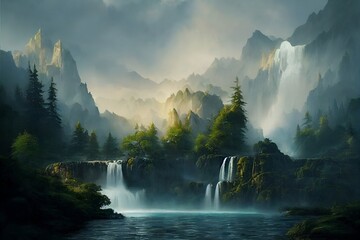 Beautiful waterfall in the mountains in foggy weather