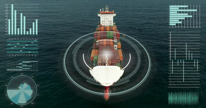 Container Ship at sea with smart remote status scanning, Future intelligent Shipping industry concept
