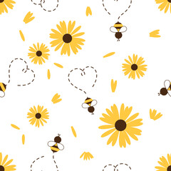 Seamless pattern with flowers and bee cartoons on white background vector.
