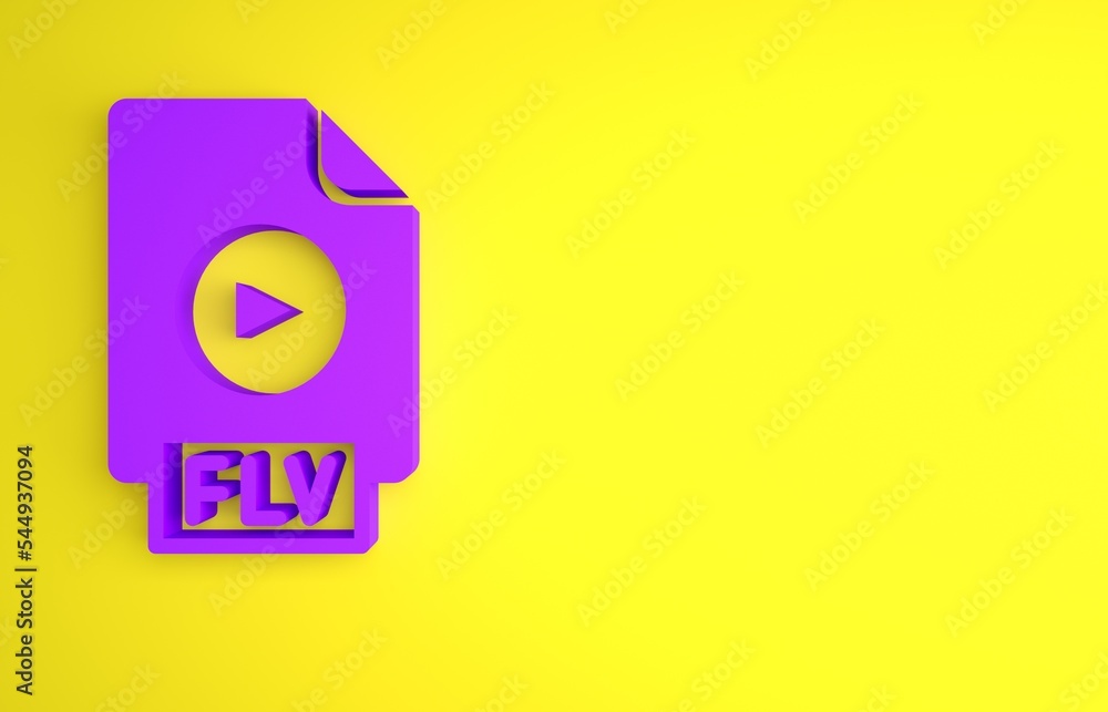 Poster purple flv file document video file format. download flv button icon isolated on yellow background. 
