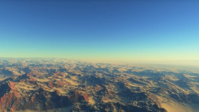 Mars landscape, 3d render animation of imaginary mars planet terrain and planets and starfield in a background. Science fiction animation.