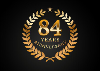 Vector graphic of Anniversary celebration background. 84 years golden anniversary logo with laurel wreath on black background. Good design for wedding party event, birthday, invitation, brochure, etc