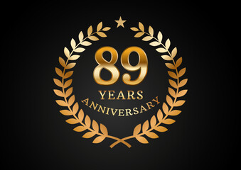 Vector graphic of Anniversary celebration background. 89 years golden anniversary logo with laurel wreath on black background. Good design for wedding party event, birthday, invitation, brochure, etc