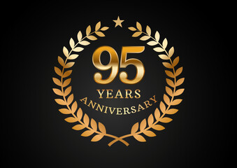 Vector graphic of Anniversary celebration background. 95 years golden anniversary logo with laurel wreath on black background. Good design for wedding party event, birthday, invitation, brochure, etc