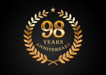 Vector graphic of Anniversary celebration background. 98 years golden anniversary logo with laurel wreath on black background. Good design for wedding party event, birthday, invitation, brochure, etc