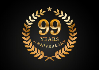 Vector graphic of Anniversary celebration background. 99 years golden anniversary logo with laurel wreath on black background. Good design for wedding party event, birthday, invitation, brochure, etc