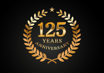Vector graphic of Anniversary celebration background. 125 years golden anniversary logo with laurel wreath on black background. Good design for wedding party event, birthday, invitation, etc