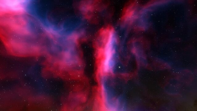 Space background. Camera is flying through the blue and magenta colored nebula. The stars are everywhere around