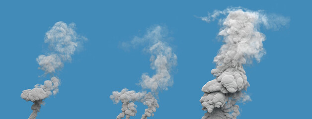 3 grey defilement smoke columns from wildfire on blue, isolated - industrial 3D illustration