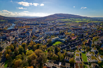 Aerial view of City of Olten on a blue cloudy autumn day with beautiful autumn landscape scenery. Photo taken November 10th, 2022, Olten, Switzerland.