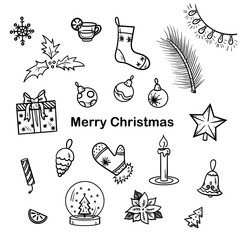 Set of Christmas holidays doodles. Winter holidays doodles collection. Hand drawn vector illustrations. Contour drawing of Christmas, New year. Sketch vintage elements isolated on white. 