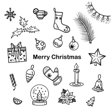 Set of Christmas holidays doodles. Winter holidays doodles collection. Hand drawn vector illustrations. Contour drawing of Christmas, New year. Sketch vintage elements isolated on white. 