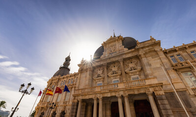 Obraz premium Historical Building, Ayuntamiento De Cartagena, in downtown city of Cartagena, Spain. Sunny Morning Blue Sky.