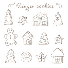 Ginger cookies set vector illustration, hand drawing doodles