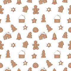 Ginger cookies seamless pattern vector illustration, hand drawing