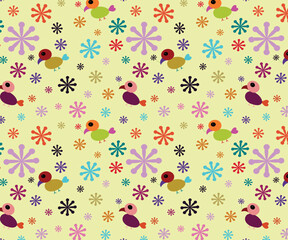 Beautiful birds and colorful flowers vector repeat pattern.