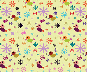 Beautiful birds and colorful flowers vector repeat pattern.