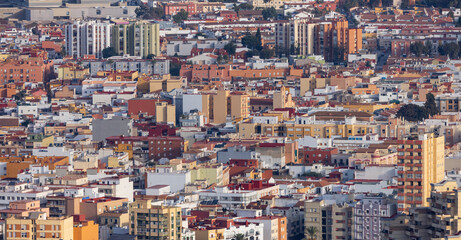 Fototapeta na wymiar Aerial View of Residential Apartment Buildings in the city of La Linea de la Concepcion, Spain. Taken from top of Rock of Gibraltar, UK.