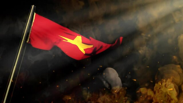 waving Vietnam flag on smoke and fire with sun beams - problems concept