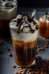 Cold coffee drink frappe (frappuccino), with whipped cream and chocolate syrup, with straws, coffee...