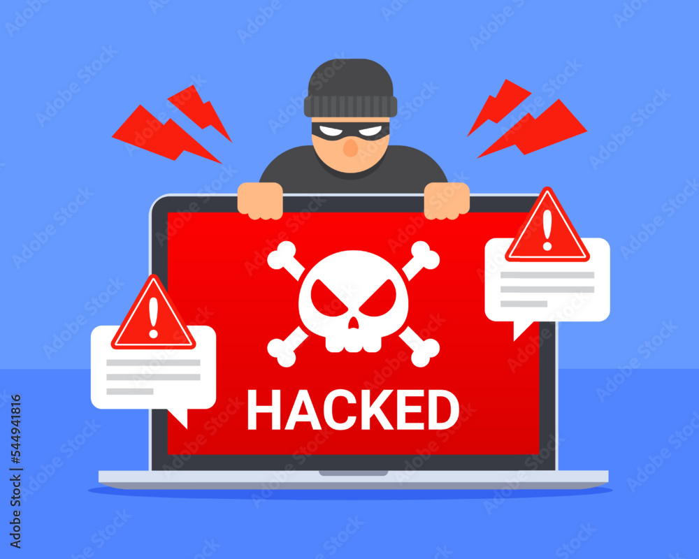 Poster hacked laptop with skull, hacker, and system warning message. concept of computer hacking, cybercrim