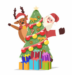 santa claus and christmas tree illustration, clipart, and cartoon
