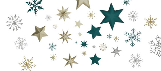 golden openwork shiny snowflakes, star, 3D rendering.