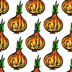 Seamless pattern with handdrawn onions. Suitable for packaging, wrappers, surface and fabric design. PNG illustration