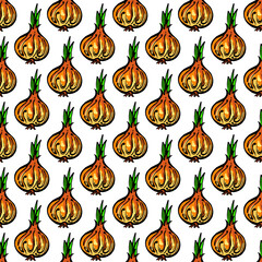 Seamless pattern with handdrawn onions. Suitable for packaging, wrappers, surface and fabric design. PNG illustration