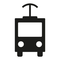 The tram icon is black on a white background in a minimalist style, public and urban transport. Vector illustration