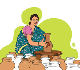 Traditional Indian rural women  making pottery, shaping clay into pot. women empowerment, making matka, female potter - obrazy, fototapety, plakaty