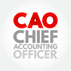 CAO Chief Accounting Officer - highest financial position in the business and manages things like budgets, forecasts, credit, taxes, and insurance, acronym text concept background