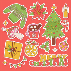 Merry Christmas groovy retro 70s sticker set of cute elements. Hippie holiday collection clip art in linear hand drawn style. Christmas tree, sweater, gifts trendy objects collection. Vector design.