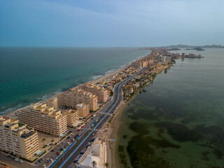 La Manga del Mar Menor Murcia spain, aerial Spectacular aerial images with drone view of the lagoon and the Mediterranean Sea at sunset