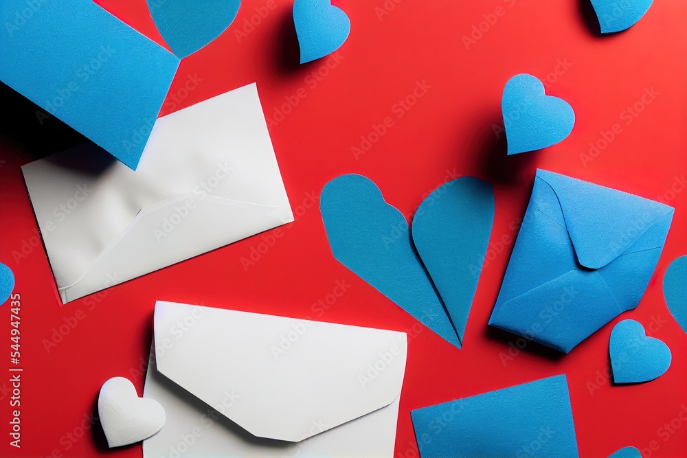 Aufkleber a red background with blue hearts and a white envelope with a heart on it and a white envelope with 