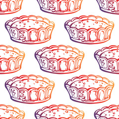 Thanksgiving seamless pattern with hand drawn pumpkin pie. Gradient from orange and deep violet. Suitable for packaging, wrappers, fabric design