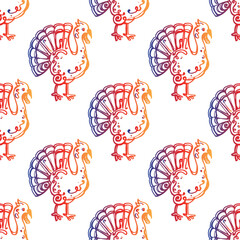 Thanksgiving seamless pattern with hand drawn turkey. Gradient from orange and deep violet. Suitable for packaging, wrappers, fabric design