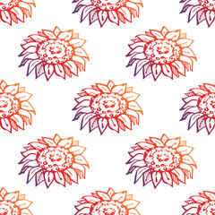 Thanksgiving seamless pattern with hand drawn sunflower. Gradient from orange and deep violet. Suitable for packaging, wrappers, fabric design