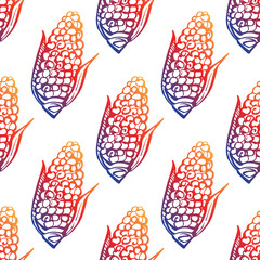Thanksgiving seamless pattern with hand drawn corn. Gradient from orange and deep violet. Suitable for packaging, wrappers, fabric design