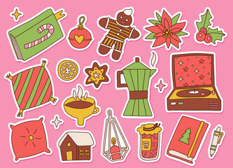 Merry Christmas and happy New Year stickers collection in 60s 70s retro style. Groovy winter holiday elements. Positive hippie xmas icons. Vintage home cozy things. Vector contous illustration