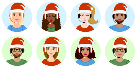 Set of Christmas customer support worker avatars. Call center operator icon. Racial diversity. African woman, hispanic girl. Telemarketing or consultant worker. Headphones