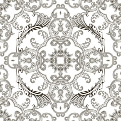 Baroque seamless pattern. Black and white floral Damask background wallpaper fabric with vintage lines flowers, scroll leaves. Antique ornaments in Baroque Victorian style. Endless texture. Isolated