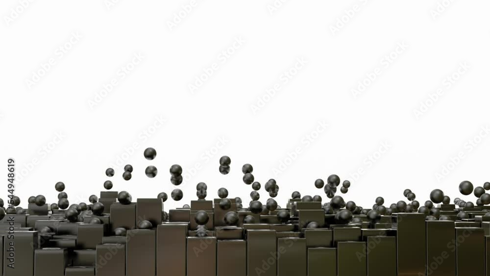 Poster animated looped abstract background. rising and falling black spheres and cubes. 3d render.