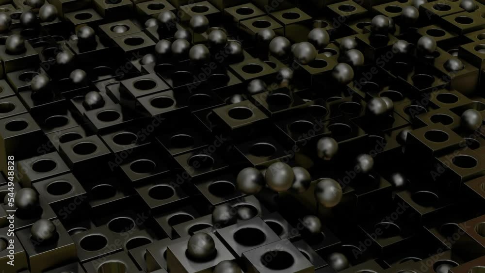 Poster animated looped abstract background. rising and falling black spheres and cubes. 3d render.