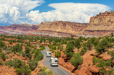 RV driving  - Capitol Reef National Park scenic drive at Danish Hill looking towards The Castle