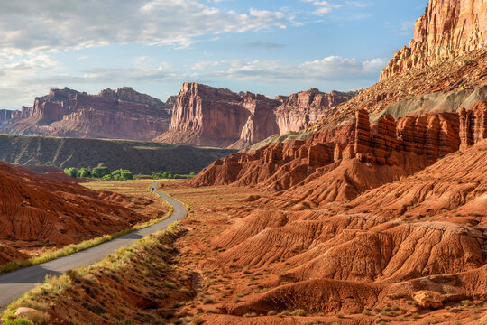 Late afternoon light - Capitol Reef National Park scenic drive at Danish Hill looking towards The Castle