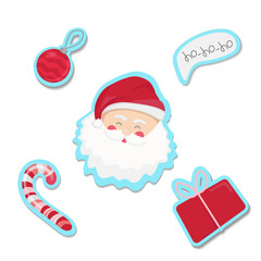 Christmas New Year stickers vector set. Christmas ball, Santa claus, gift, ho ho ho. Puper cut hand drawing isolated on white